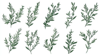 Various green herb leaves on a white isolate background.