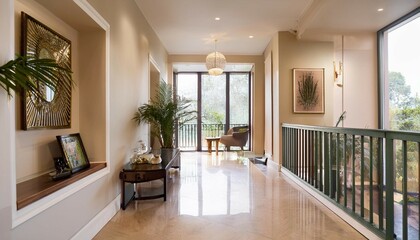 Fototapeta premium grand hallway with high ceiling large windows natural light beige walls marble floor wooden handrail balcony with potted plant vase desk chair painting on wall in luxury home