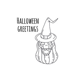 Card or poster with cute Halloween illustration with jack-o-lanter wearing witch hat. Greeting text Halloween Greetings.