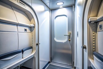 Depth of field image of lavatory door in an empty aircraft cabin