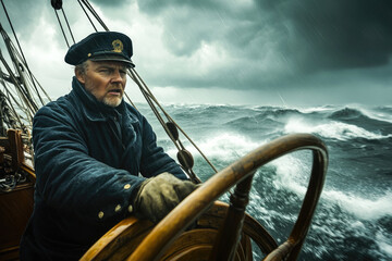 Stormy sea voyage: determined sailor navigates rough waters in dramatic weather