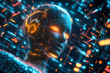 Fototapeta premium Futuristic ai cyborg with digital circuitry and neon lights in virtual reality environment