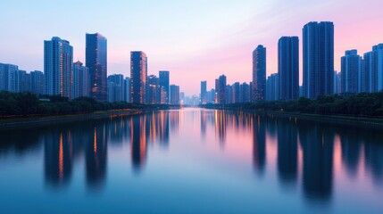 Fototapeta premium Serene City Skyline at Dusk Over Reflective Water