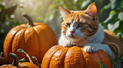 a ginger tabby cat with striking orange and white fur, sitting in top a large, orange pumpkin