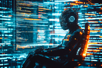 Futuristic cybernetic humanoid analyzing digital code in dynamic neon environment