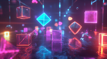 Fototapeta premium Incorporate floating geometric shapes, like cubes and spheres, glowing in neon tones and casting colorful light onto their surroundings.