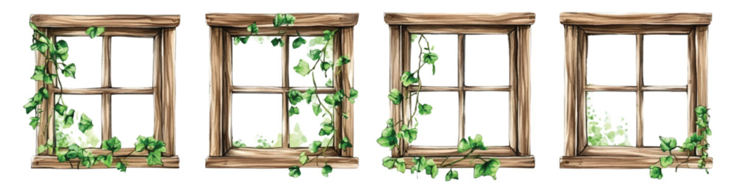 Set watercolor wooden window frames with overgrown green creeper ivy vine design resources elements isolated on transparent background