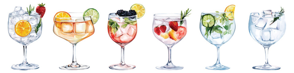 Set of watercolor various types of cocktail glasses alcohol drink beverage bar menus design resources elements isolated on transparent background