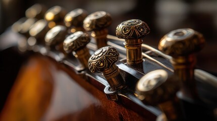 Close-up of kithara tuning pegs bright light emphasizing craftsmanship and polish