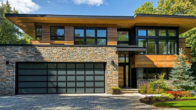 A modern home with a stone facade and a garage door with large windows