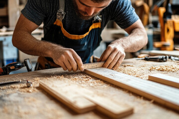 Carpenter measuring wood for precision craftsmanship in workshop