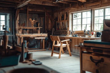 Rustic workshop interior with wooden tools and sunlit atmosphere in traditional handcrafted setting