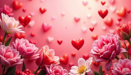 Obraz premium Romantic scene with pink and red flowers and floating hearts creating a loving atmosphere 