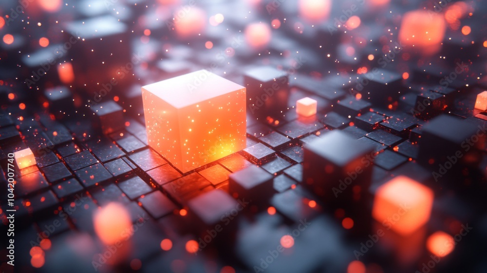 Aufkleber A vibrant array of glowing cubes fills the foreground, with intense reds and blacks creating a captivating abstract digital landscape, evoking a sense of depth and complexity.
