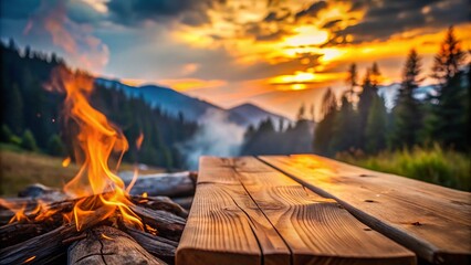 Rustic Wooden Table with Campfire Background - Minimalist Photography