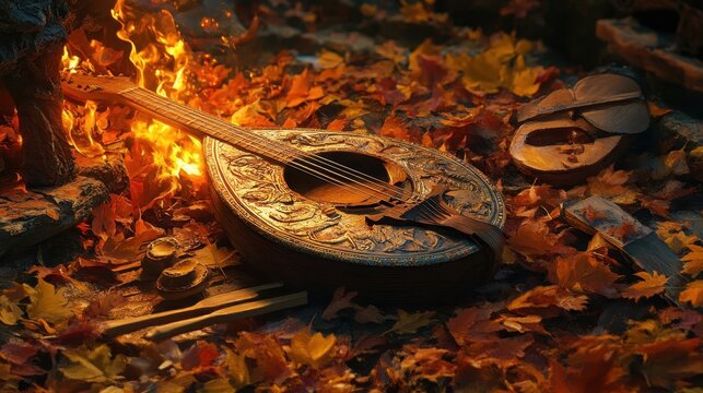 Greek tympanon on colorful leaves warm firelight reflecting on its taut surface
