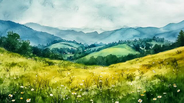 A watercolor painting depicting a field of wildflowers in the foothills of a mountain range