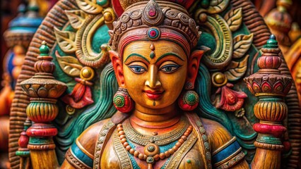 Fototapeta premium Sacred Vintage Wooden Statue from India - Macro Photography Showcase of Intricate Carvings and Cultural Heritage