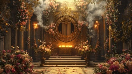 Fototapeta premium Kithara in a Greek shrine flowers candles and incense creating a sacred atmosphere