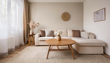 Fototapeta premium scandinavian living room interior design with wooden coffee table beige sofa white vase with flowers on side table beige walls gray rug white curtain natural beige carpet wooden furniture