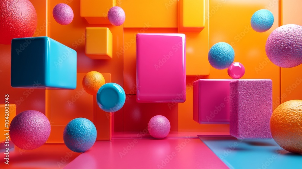 Poster Brightly colored geometric shapes, including spheres and cubes, are arranged in a playful manner against a textured backdrop, enhancing the 3D effect and creating a lively atmosphere.