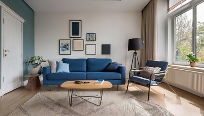 serene living room with large window blue sofa wooden coffee table and recliner chair black floor lamp white door framed pictures on walls harmonious color palette cozy atmosphere