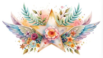 Obraz premium Watercolor art of star with wing and flower