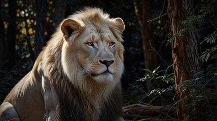 A male lion sits in a dense forest, bathed in warm sunlight. Its tawny fur is thick and lush, framing its powerful head and expressive eyes.