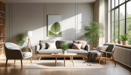 Fototapeta premium serene living room with large window natural light floods space gray sofa wooden coffee table armchair floor create cozy atmosphere white vase pillow painting of plant add touch of nature