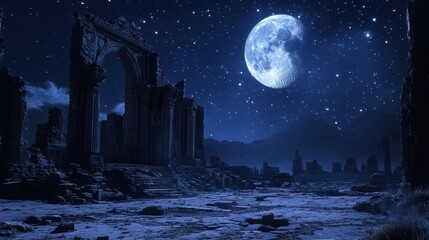 Naklejka premium Temple illuminated by moonlight casting long shadows stars twinkling overhead mystical scene