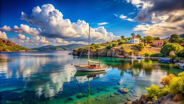 Sailing Boat Anchored in the Bay of Sigri, Lesbos Island, Greece - Aerial Drone View of Stunning Coastal
