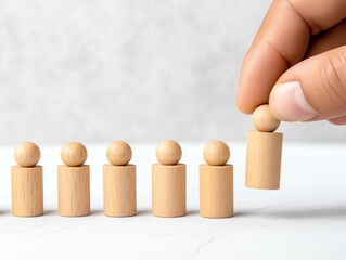 Wooden figures representing teamwork and leadership on a white background.