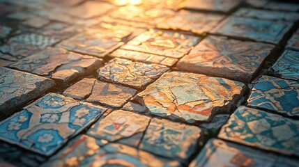 Cracked temple tiles with ornate designs sunlight glistening and enhancing colorful patterns