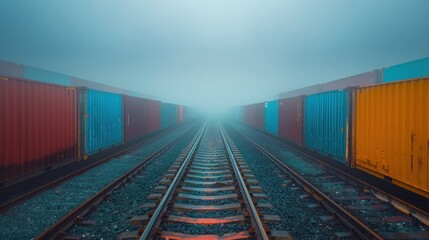 Fototapeta premium Endless rows of shipping containers on rail tracks in foggy landscape for industrial and transportation design.