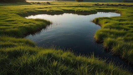 A calm lake bathed in the soft light of Dawn. Tall green grass swayed gently in the wind, framing calm water. The sky was painted in pink and orange, which bounced on the surface of the lake.