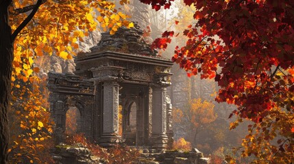 Temple framed by autumn's red and yellow foliage sunlight softly illuminating the ruins