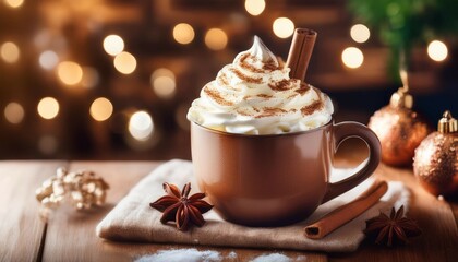 whimsical hot chocolate with whipped cream and cinnamon in cozy setting
