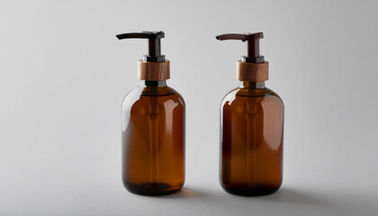 Amber glass bottle with pump. Liquid soap. Shampoo Dispenser. Organic cosmetic product.
