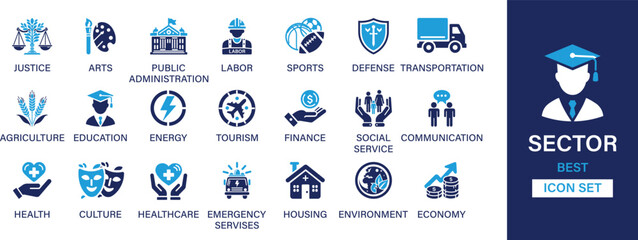 Sector of society best solid icon set collection. Justice, public administration, sports, defense, agriculture, social service and vector illustration..