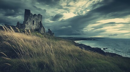 Fototapeta premium Fortress ruins overlooking the sea wild grasses swaying under a moody swirling sky