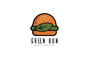 Minimalist Vegan Food Truck Logo Design – Green Leaf Wrapped Around a Burger with Clean 'Green Bun' Text for Restaurant Brand Identity