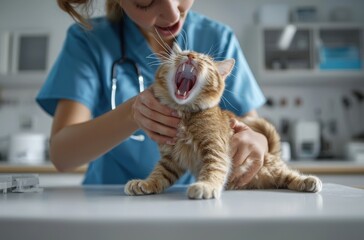 A young female doctor in a blue uniform gently examines a yawning orange tabby cat, showcasing a caring and dedicated approach in a veterinary setting.