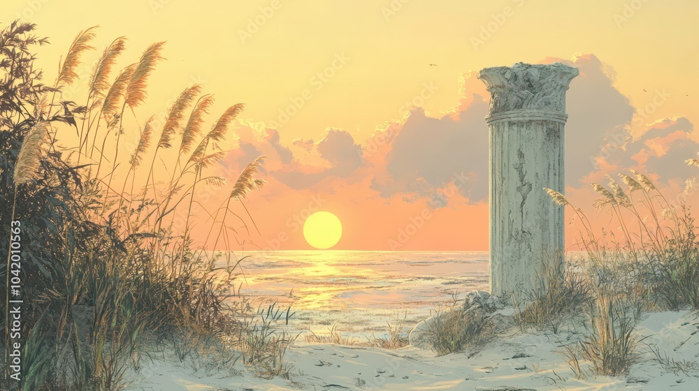 Canvas Prints Ancient column partially buried in sand sea oats swaying in the breeze under a warm sunset