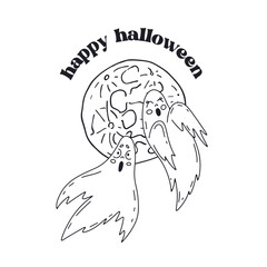 Card or poster with cute black and white. Halloween ghosts couple flying next to the full moon. Greeting text happy Halloween