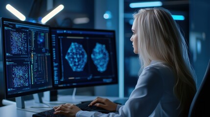 A futuristic profile of a female developer working on an AI product, showcasing advanced technology and data visualization in a modern workspace.