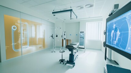 A sophisticated AI-driven virtual reality (VR) rehabilitation system, clean therapy room with immersive VR technology for physical and cognitive rehabilitation exercises, Rehabilitation style