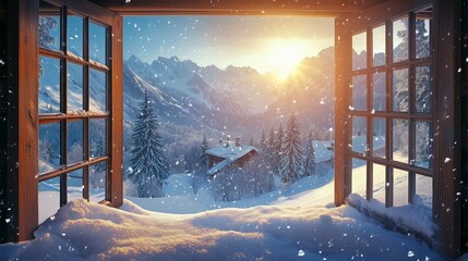 beautiful winter view from a window on a sunny day in the mountains