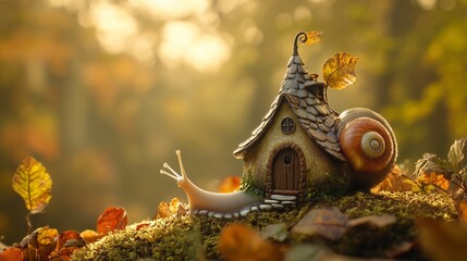 Obraz premium small snail with a real house on his back with windows and lights 