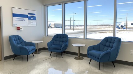 A modern office waiting area with large windows reveals an industrial landscape and bright blue seating evoking a professional and welcoming atmosphere