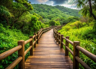 Fototapeta premium Scenic Pathway with Wooden Handrail Leading to Lush Unarizaki Park on Iriomote Island
